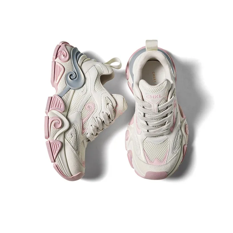 CHERYKALLY Cushioned Wear Resistant Breathable Height Increasing Low Top Chunky Sneakers Women's White Peach Pink-3