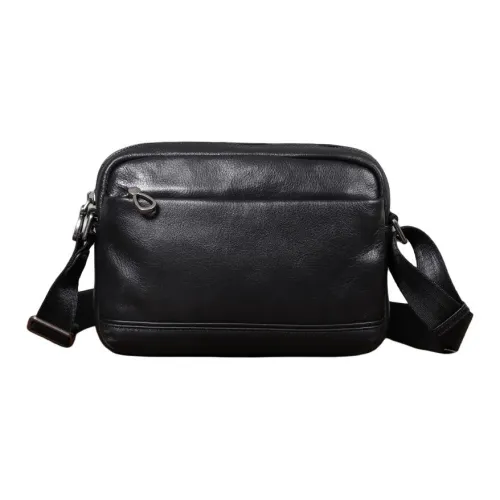 LARTIGENT Top Grain Cow Leather Crossbody Bag Shoulder Bag Horizontal Men's Black