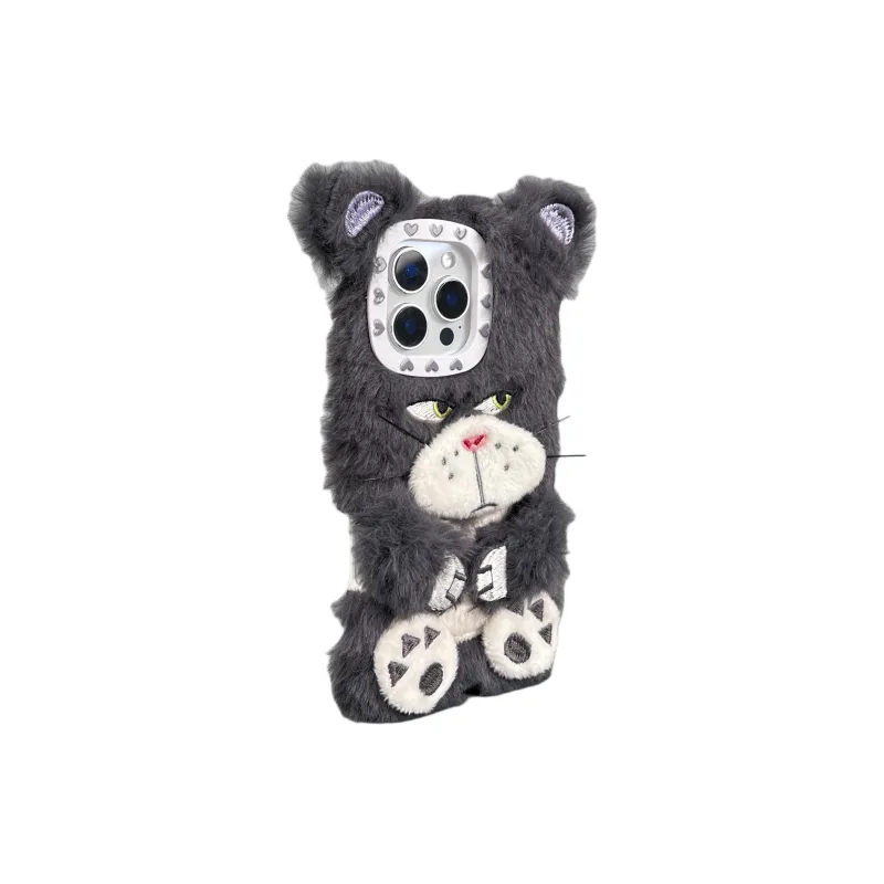 Wei Xin Plush Material Gray Cat Phone Cases Compatible With IPhone 16/15 Pro Max/13/14 Pro/Max Collection-1