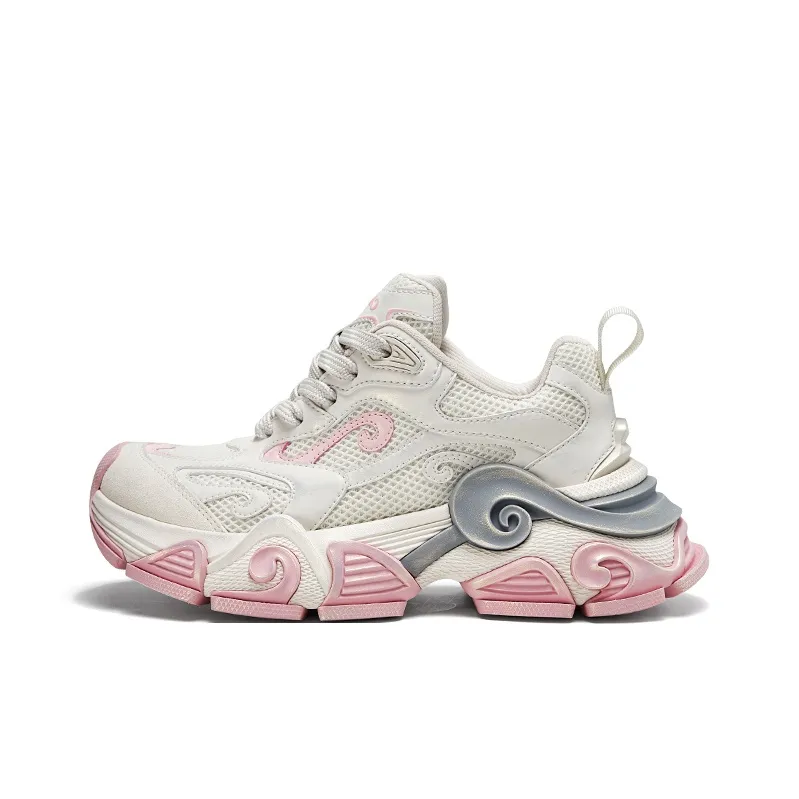 CHERYKALLY Cushioned Wear Resistant Breathable Height Increasing Low Top Chunky Sneakers Women's White Peach Pink-0