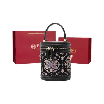 Pmsi Split Cow Leather With Mulberry Silk Bucket Bag, Shoulder Bag, Crossbody Bag, Handbag Trumpets Women's Black