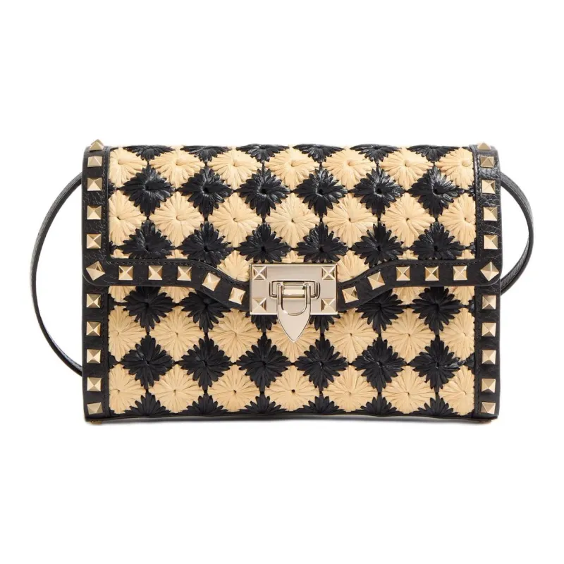 Valentino GARAVANI Raffia Crossbody Bag Shoulder Bag Small Size Women's Natural & Black-0