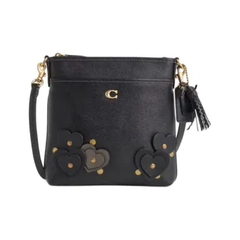COACH Kitt Cross-Stitch Leather Messenger Bag Crossbody Bag Shoulder Bag Small Size Women's Brass & Black