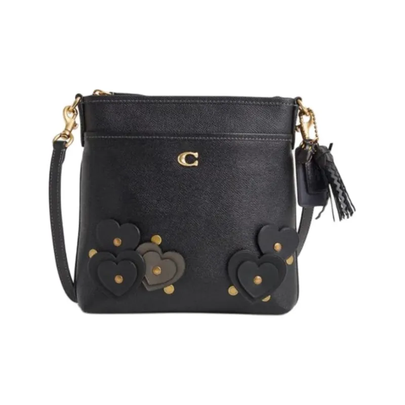 COACH Kitt Cross-Stitch Leather Messenger Bag Crossbody Bag Shoulder Bag Small Size Women's Brass & Black-0