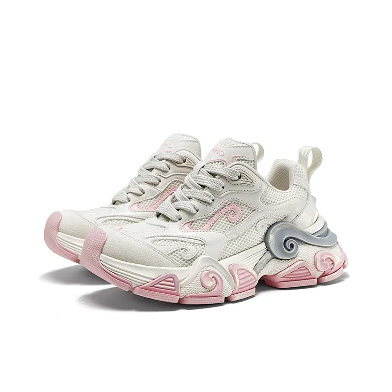CHERYKALLY Cushioned Wear Resistant Breathable Height Increasing Low Top Chunky Sneakers Women's White Peach Pink-1
