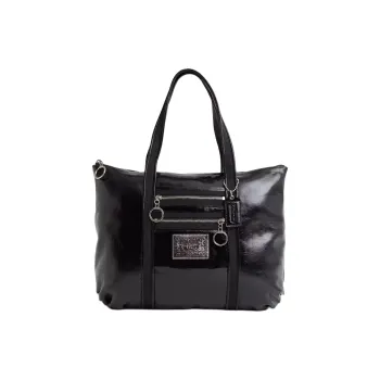 COACH POPPY Patent Leather Handbag Shoulder Bag Large Size Women's Silver With Licorice