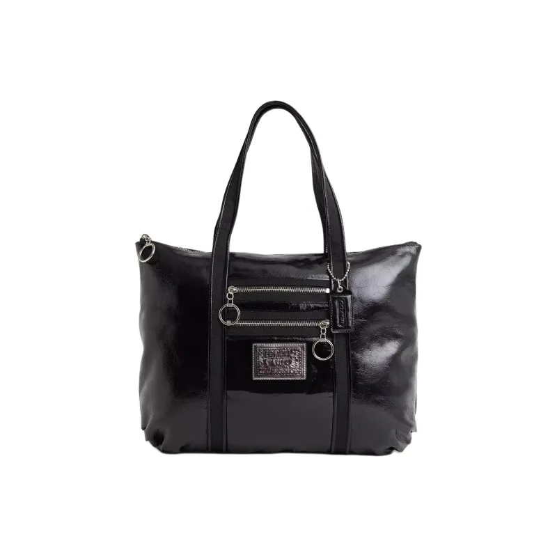 COACH POPPY Patent Leather Handbag Shoulder Bag Large Size Women's Silver With Licorice-0