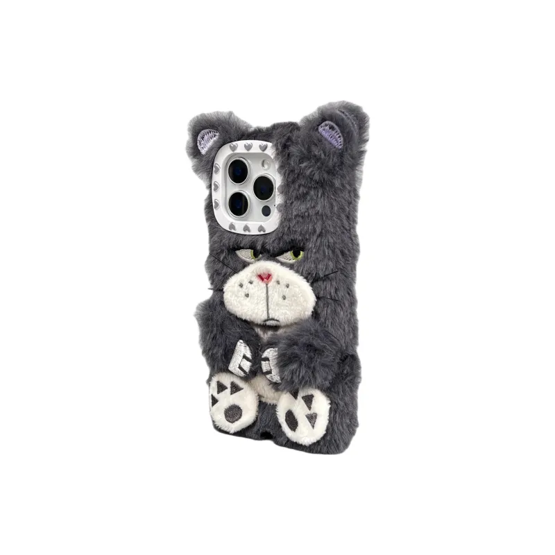 Wei Xin Plush Material Gray Cat Phone Cases Compatible With IPhone 16/15 Pro Max/13/14 Pro/Max Collection-2