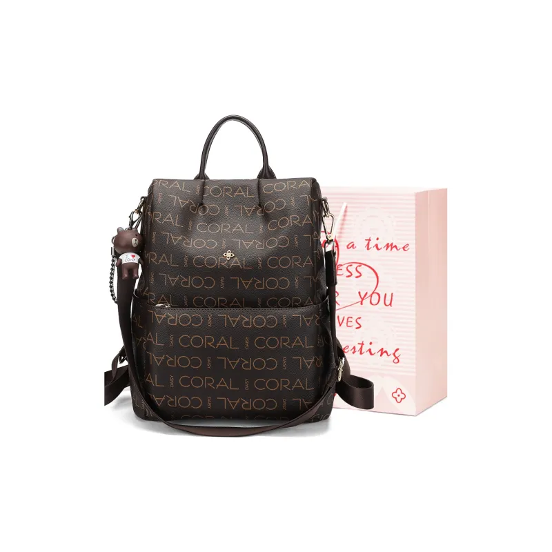 CORALDAISY Synthetic Leather Backpacks Backpack Laptop Bags Regular Unisex Ecru/Coffee-0