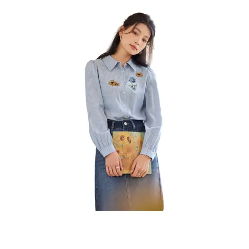 SLLSKY Shirt Women's Blue Background With White Stripes