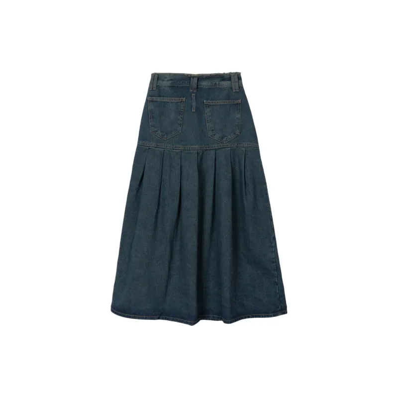 FAWENXIANGZI Denim Long Skirt Women's Vintage Blue-1