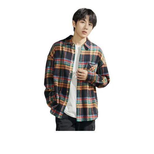 Tonlion Shirt Men's Yellow Black Plaid