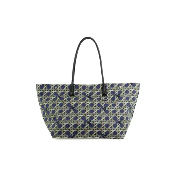 TORY BURCH Canvas With Leather Trim Tote Bag Shopping Bag Handbag Shoulder Bag Women's Marine Blue