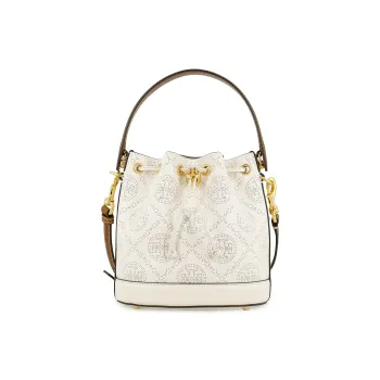TORY BURCH T Monogram Leather Bucket Bag, One Shoulder Handbag Women's Ecru