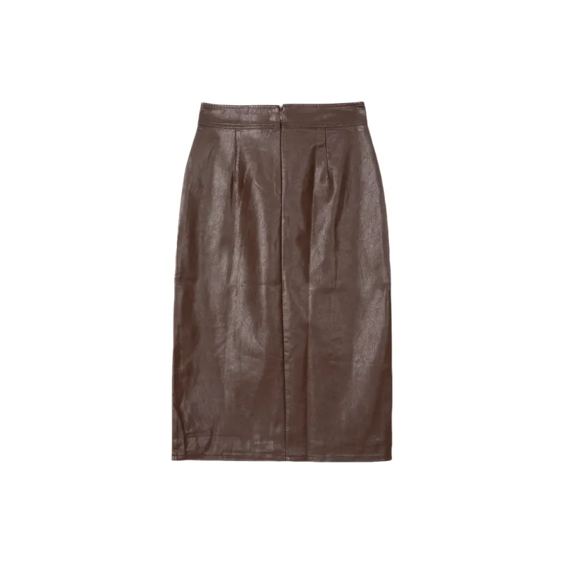 FAWENXIANGZI Leather Long Skirt Women's Coffee-1