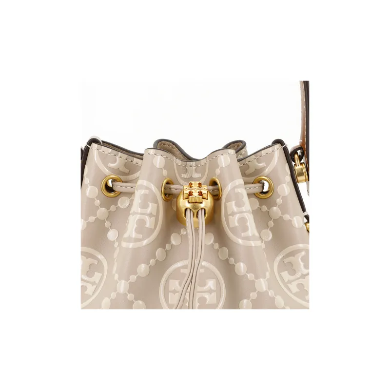 TORY BURCH T Monogram Leather Bucket Bag, Shoulder Bag, Crossbody Bag, Handbag Mini Women's Cream White & Khaki-4
