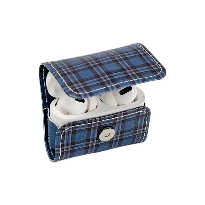 Sopi Compatibility With Apple AirPods 4/2/3/4th Generation/AirPods Pro/Pro 2 Leather Blue Plaid Lanyard Headphone Cases-5
