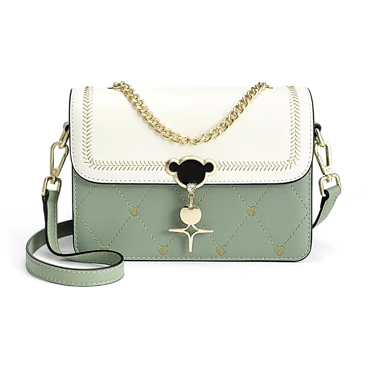 Teddy Bear Collection TeddyClub Series Cow Leather With Synthetic Leather Crossbody Bag Regular Women's Tea Green-1
