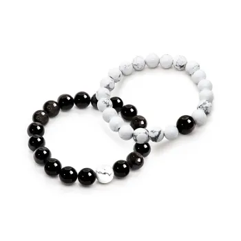 SIMPLE JOYS Silver Sheen Obsidian White Turquoise Couple Beaded Bracelet Unisex 1 Pair, Stretch