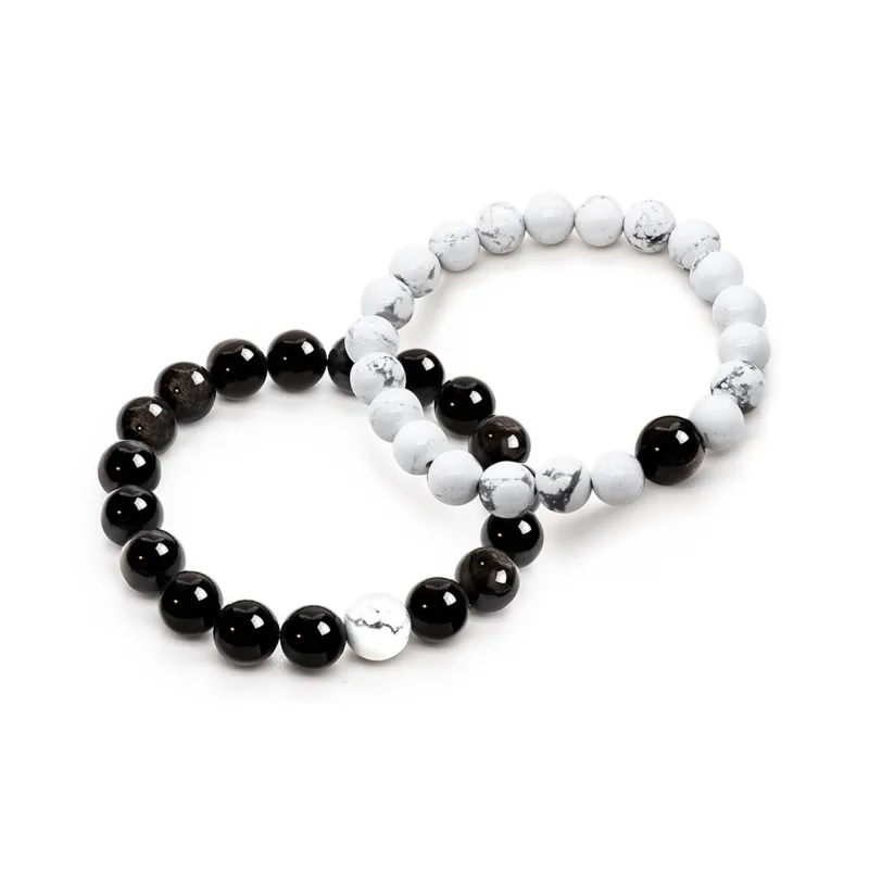 SIMPLE JOYS Silver Sheen Obsidian White Turquoise Couple Beaded Bracelet Unisex 1 Pair, Stretch-0