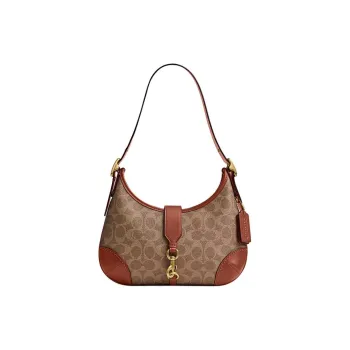 COACH HamptonsHobo Coated Canvas Shoulder Bag Medium Size Women's Brown