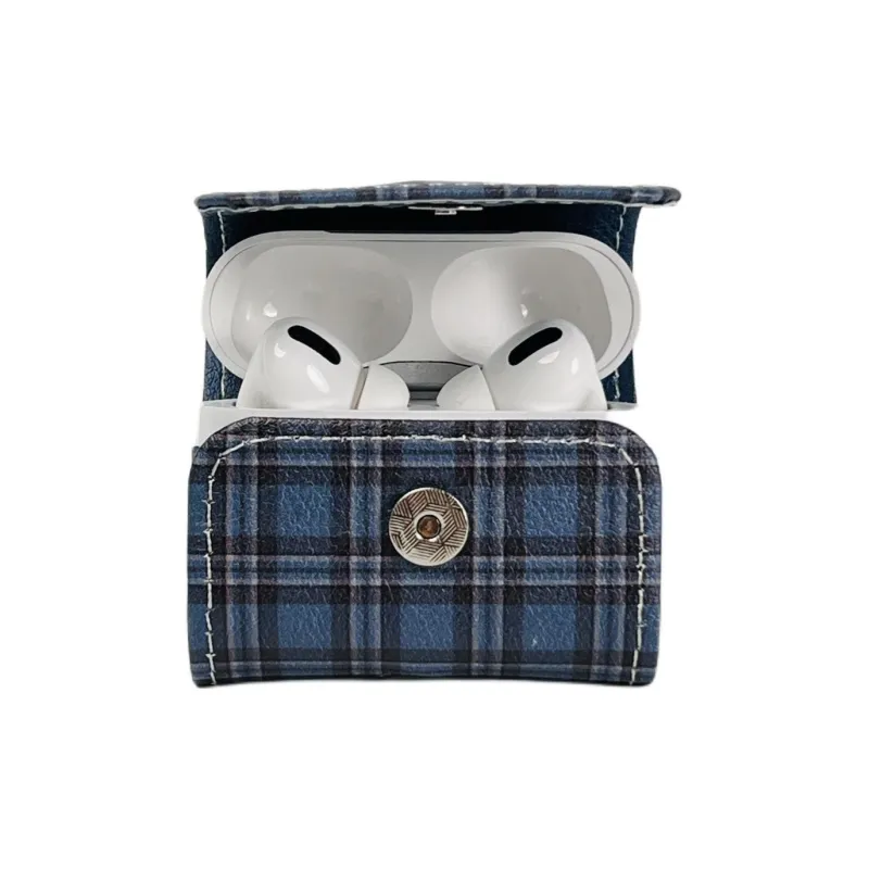 Sopi Compatibility With Apple AirPods 4/2/3/4th Generation/AirPods Pro/Pro 2 Leather Blue Plaid Lanyard Headphone Cases-4