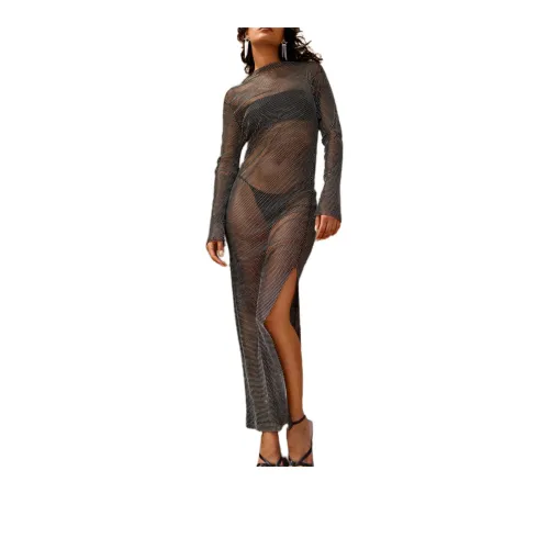 NASTY GAL Diamante Fishnet Slash Neck Maxi Dress Long-Sleeved Dresses Women's Black