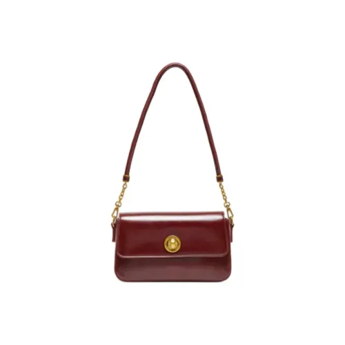 Three Blessings PU Shoulder Bag Medium Size Women's Brown/Black/Red