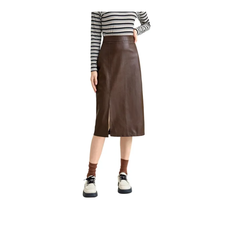 FAWENXIANGZI Leather Long Skirt Women's Coffee-2
