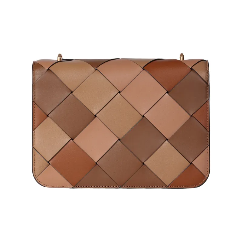 TORY BURCH Eleanor Leather Woven Bag Small Square Bag Shoulder Bag Crossbody Bag Medium Size Women's Brown Multicolor-3