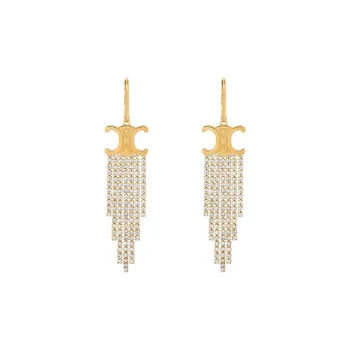CELINE Triomphe Fringe Earrings In Brass With Gold Finish And Strass