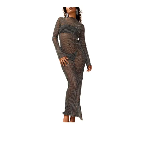 NASTY GAL Petite Diamante Fishnet Slash Neck Maxi Dress Long-Sleeved Dresses Women's Black