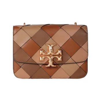 TORY BURCH Eleanor Leather Woven Bag Small Square Bag Shoulder Bag Crossbody Bag Medium Size Women's Brown Multicolor