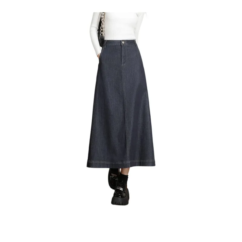 FAWENXIANGZI Denim Long Skirt Women's Dark Blue-2