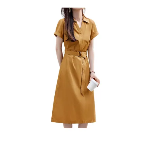 Mo Han Yi Mei Short Sleeved Dresses Women's Earth Brown Yellow