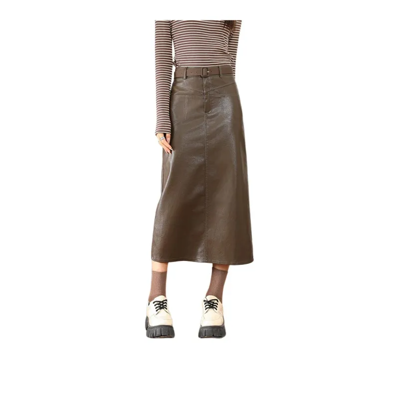 FAWENXIANGZI Leather Long Skirt Women's-7