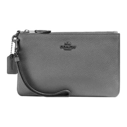 COACH Wristlet Glossy Pebbled Leather Wrist Bags Clutches Small Size Women's Gray