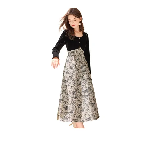 TOUCH Long Sleeved Dresses Women's Black & Beige Floral