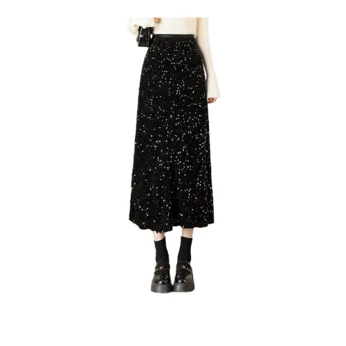 BALENO Fashion Sequins Shimmer Skirt All Over Print Mid Length Skirt A Line Skirt Straight Fit Fall Women's Black