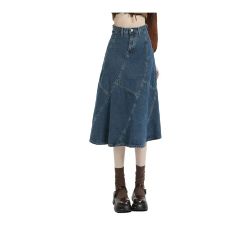 Rose Denim Long Skirts Women's Blue