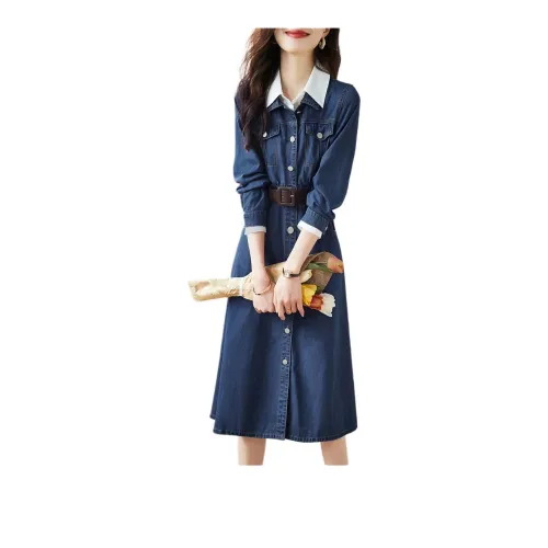 Mo Han Yi Mei Long Sleeved Dresses Women's Denim Blue