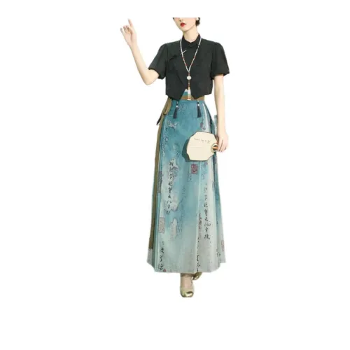 SONDR Two Piece Skirt Sets Women's Black Top+Calligraphy Mamianqun