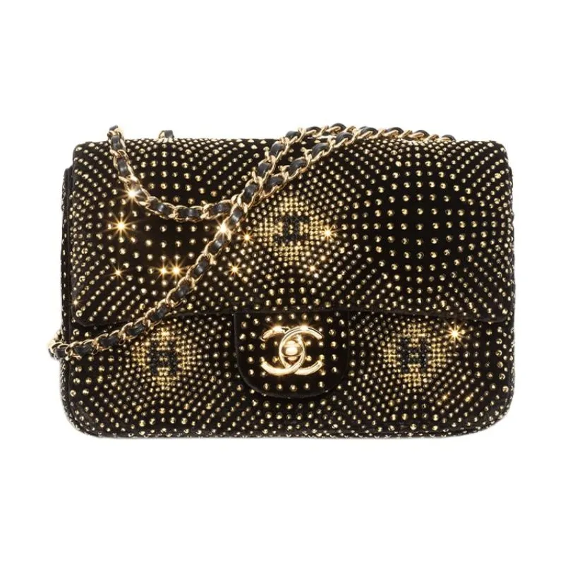 CHANEL Velour Rhinestone Evening Bag, Shoulder Bag, Crossbody Bag Women's Black & Gold-0