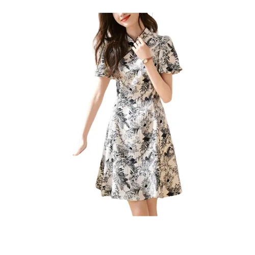 Mo Han Yi Mei Short-Sleeved Dresses Women's Black Flowers On White Base