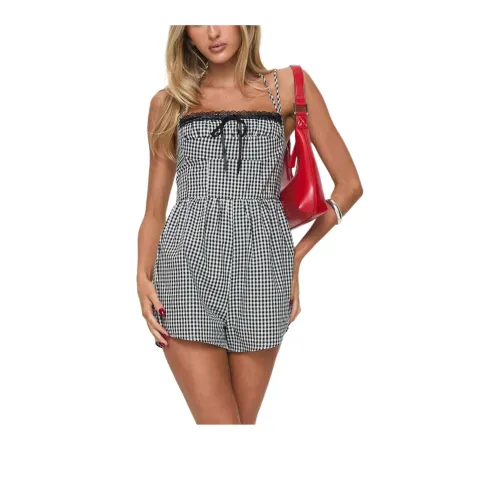 PRINCESS POLLY TRYNIA ROMPER BLACK Bodysuits Women's Black/White Gingham