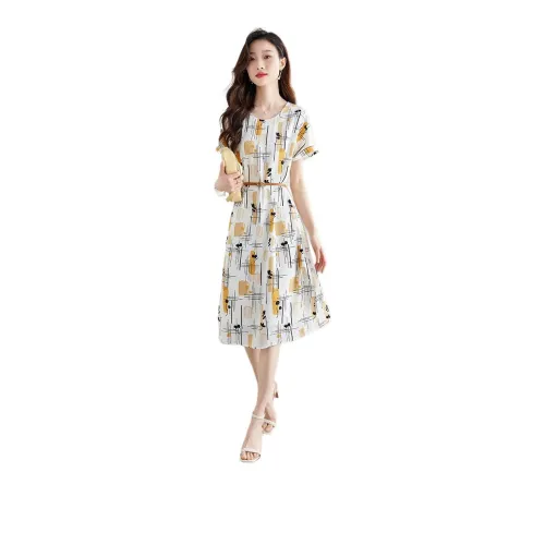 SLLSKY Short-Sleeved Dresses Women's White Background Geometry Flowers