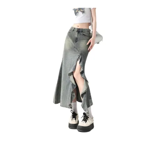 ZIRANSE SS24 Denim Long Skirts Women's Distressed Color