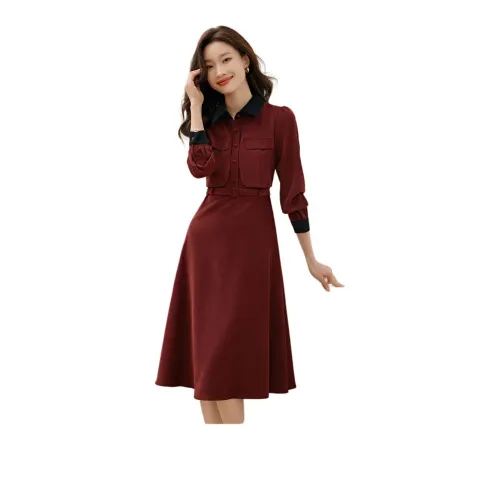 Mo Han Yi Mei Long Sleeved Dress Women's Vintage Red