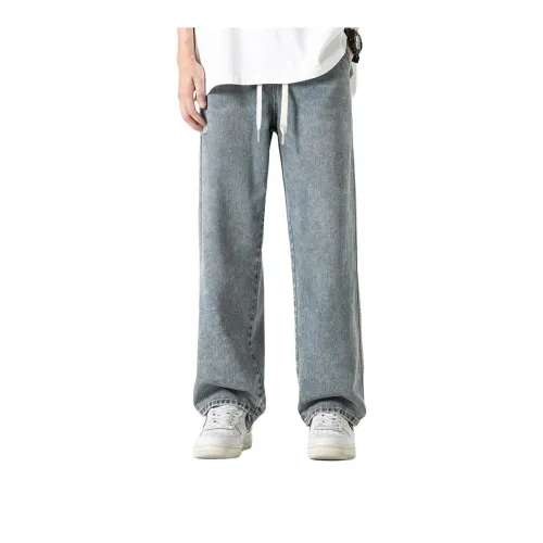 WOOD SOON Summer American Loose Fit Wide Leg Washable Casual Men's Pants Men's Denim Blue