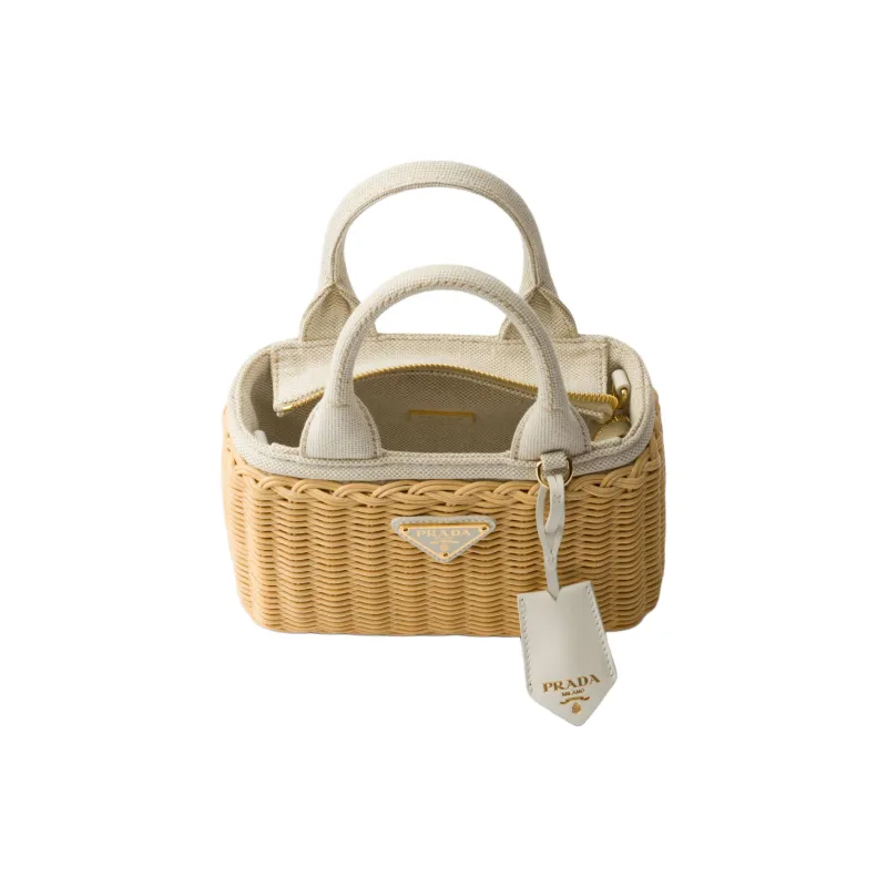 PRADA Rattan Tote Bag Shopping Bag Handbag Mini Women's Tan & White-3